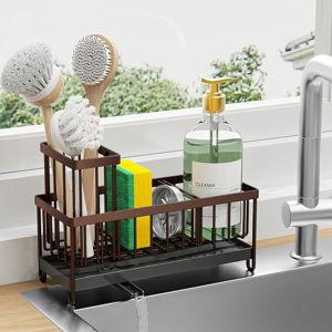 Cisily Brown Sponge Holder for Kitchen Sink, Sink Caddy Organizer with High Brush Holder, Kitchen Countertop Organizers and Storage Essentials, Rustproof 304 Stainless Steel, Soap Dispenser Organize