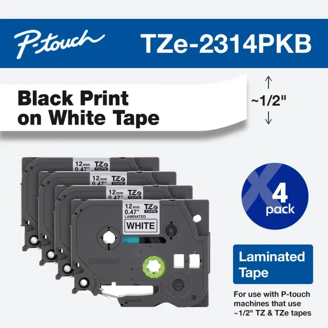 Brother P-touch TZe2314PKB Label Tape: 12mm Black Ink, Label Maker Tape, 4-Pack, Brother TZ Tape, 90-Day Warranty