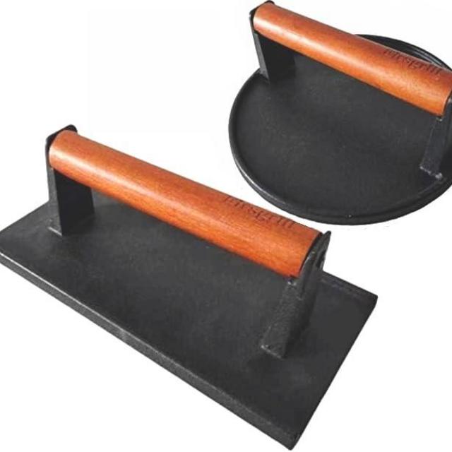 Firsgrill Cast Iron Grill Presses with Wood Handle (Round & Rectangle w Flat Bottom)