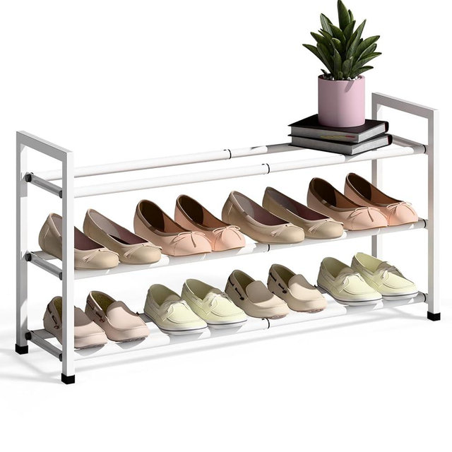 Bumusty 3-Tier Expandable Shoe Rack for Closet, 18“-33” Adjustable Shoe Rack for Small Space, Small Shoe Organizer for Front Door, Sturdy Metal, White