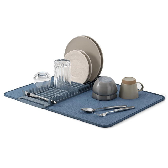 Umbra Udry Dish Rack and Microfiber Drying Mat – Space-Saving Design Folds Up for Easy Storage, Basic Rack, Slate Blue