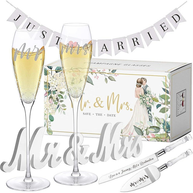 Gnollko Engraved Mr and Mrs Champagne Flutes with Wooden Sign Set,Toasting Glasses for Bride and Groom,Wedding Cake Knife and Server Set with Just Married Banner for Reception and Ceremony