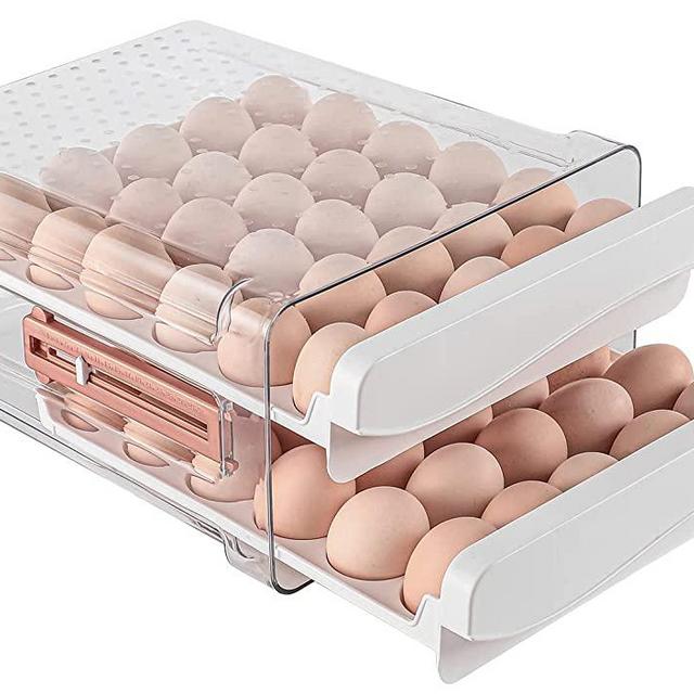 Sooyee 60 Capacity Egg Container for Refrigerator, Household Egg Holder for Fridge, Transparent 2 Drawers Chicken Egg Storage Container,White