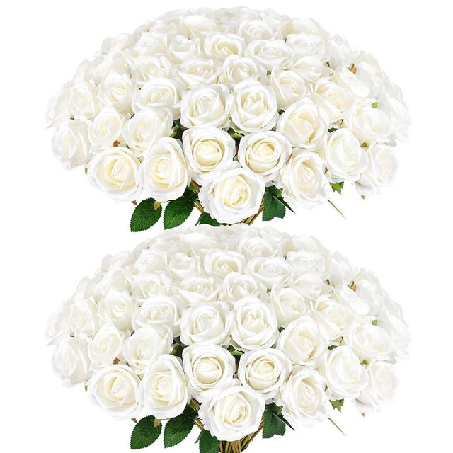 Rowfad 60 Pcs Artificial Roses Bulk Velvet Silk White Roses White Roses for Wedding Centerpieces Bridal Bouquet Mohter's Day Valentine's Day Home Decor (60, White)
