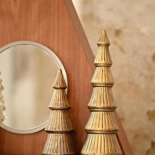 WONDROUS' DECO Wooden Christmas Tree Figurine, Tabletop Gold Tree Figurine, Set of 2 Desk Centerpieces for Christmas Decor