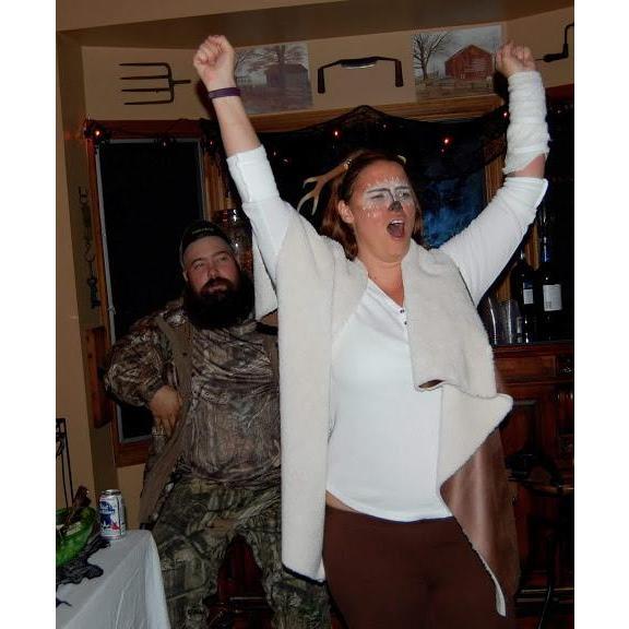 Don't drink wine from a tumbler kids...Halloween one year, he was a hunter and I was a deer.