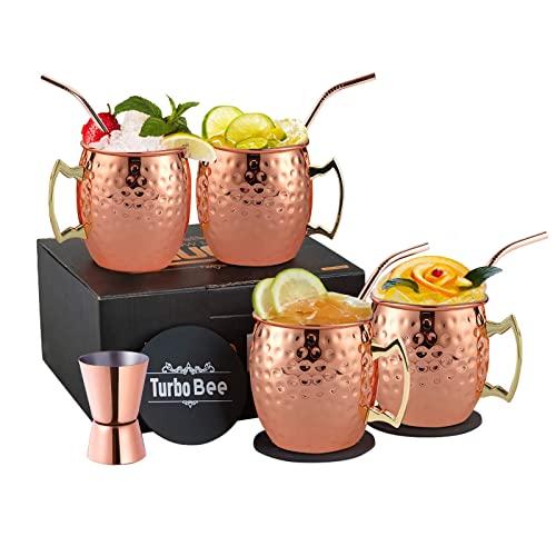 Moscow Mule Mugs Set of 4, 16 oz HandCrafted Food Safe Beer Copper Mugs Cocktail Tumbler Cups, Great Gift Set with 4 Copper Straws ,1 Jigger and 4 Coasters