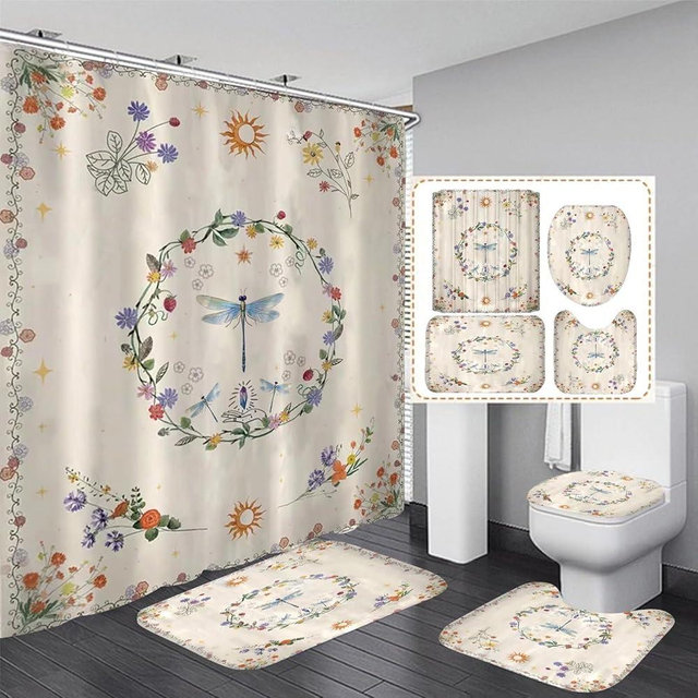 DDQQ Blue Dragonfly Shower Curtain Set with Rugs, Bohemian Colorful Floral Dragonfly Plant Bathroom Decor Sets with Rugs Bathroom Accessories Set Bathroom Curtain Shower Set with 12 Hooks
