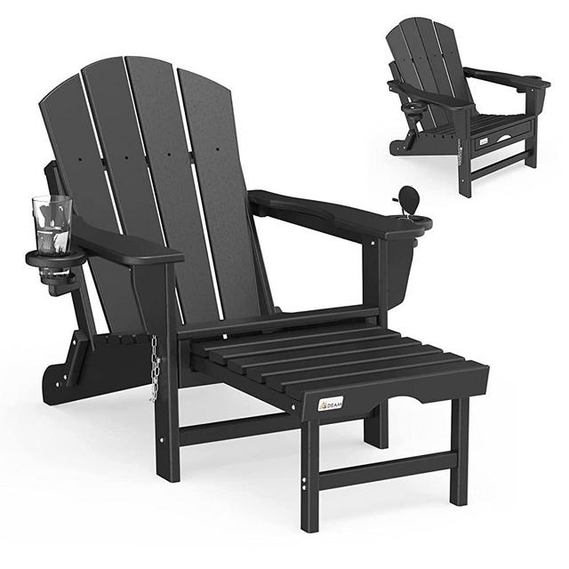 Folding Adirondack Chair Mdeam Lawn Outdoor Fire Pit Chairs Adirondack Chairs Weather Resistant with 2 Cup Holder/Adirondack Retractable Ottoman（Black）