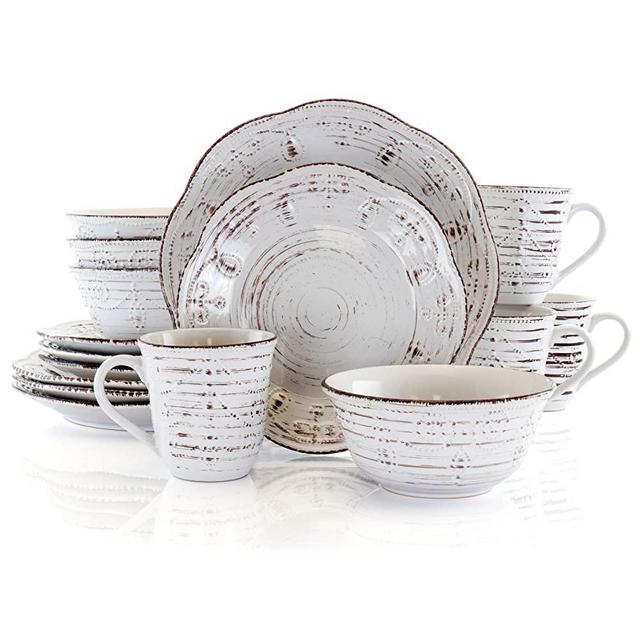 Elama Embossed Scalloped Round Stoneware Dinnerware Dish Set, 16 Piece, White with Brown Accents