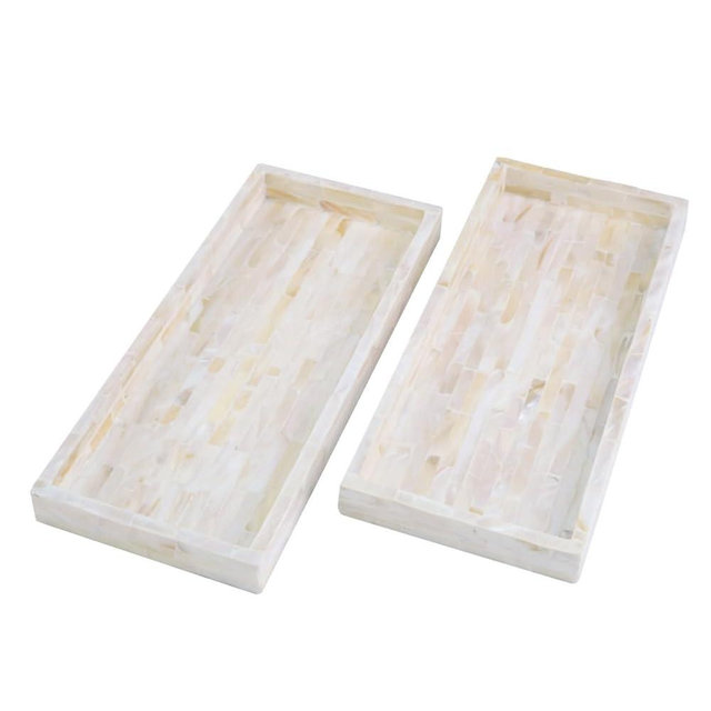 PEMAR Set of 2 Mother of Pearl Vanity Tray for Bathroom Counter, 11" Wooden Organisation Valet Tray for Perfume Makeup Bedroom Dresser Kitchen Sink Countertop Organizer, Toilet Tank (White Tiles)