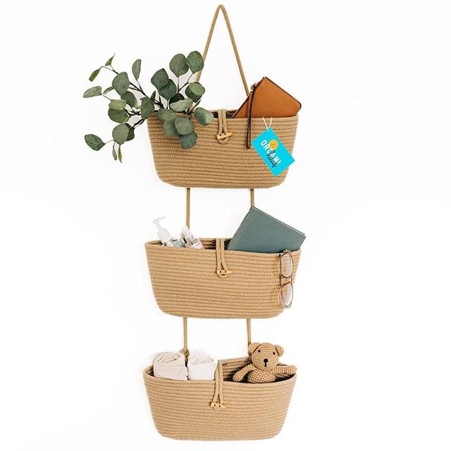 OrganiHaus Woven Hanging Baskets for Organizing | 3-Tier Hanging Wall Basket for Storage | Boho Nursery Closet Organizer | Wall Mounted Basket | Over The Door Storage Basket for Closet Decor - Honey