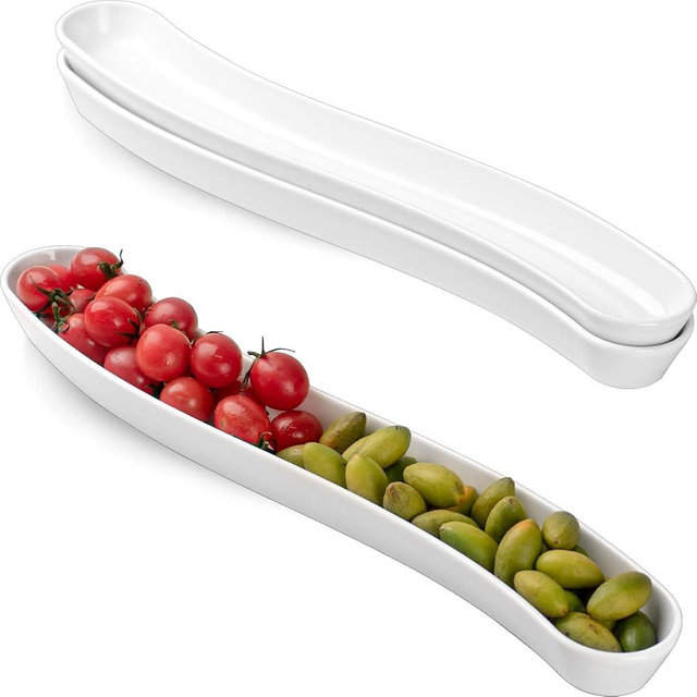 3-Pack Olive Plates-Versatile Ceramic Olive Tray for Snacks, Appetizers Platter-Long Arc Shape Boat Restaurantware for Entertaining and Displaying Appetizers-Dishwasher & Microwave Safe (17 inches)