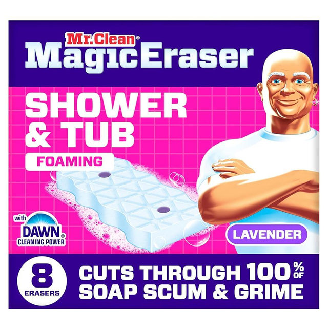 Mr. Clean Magic Eraser Sponge, Bathroom, Shower, Tub Cleaner, Soap Scum Remover, Bathroom Cleaning Supplies, Dawn Cleaning Power with Lavender Scent, Shower & Tub, 8ct