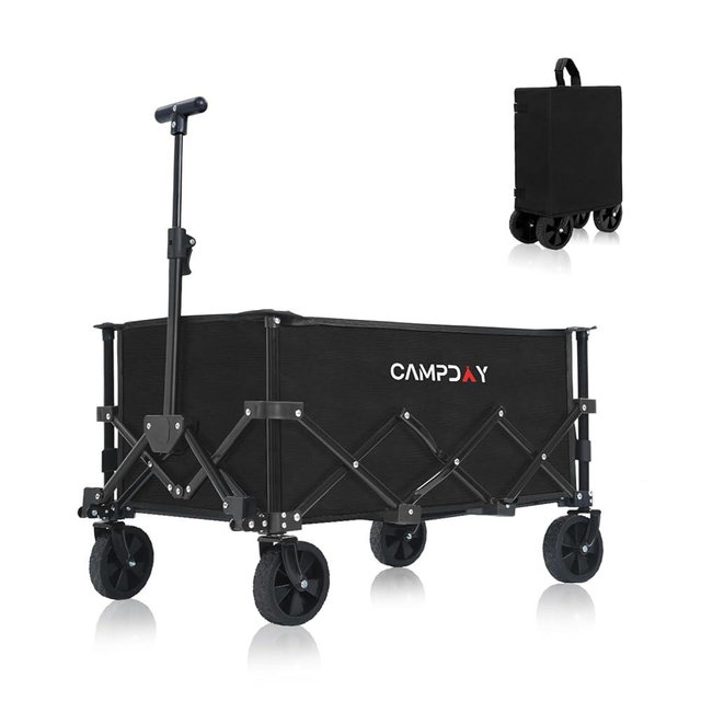Campday Foldable Wagon Cart, Utility Folding Wagon, Lightweight 12 lbs, 110L/250 lbs Capacity, Collapsible Cart with Wheels & Adjustable Handle for Grocery Shopping, Garden, Camping