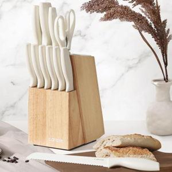 CAROTE 15Piece Knife Set, Kitchen Knife Block Set, Elegant White Ceramic-Coated Blades with Stylish Wooden Block for Modern Culinary Excellence