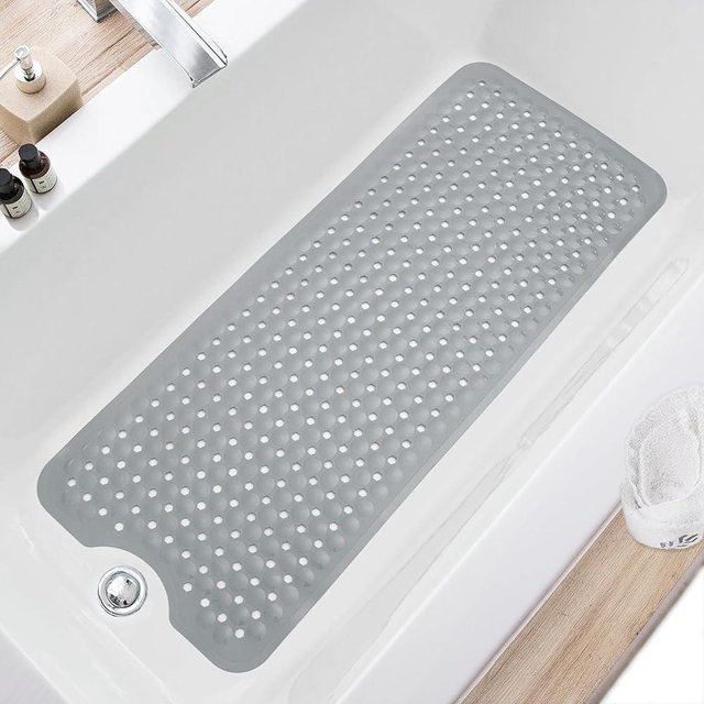 TEESHLY Bath Tub and Shower Mats, Non-Slip 39 x 16 Inch Extra Long Bath Mat, Machine Washable Bathtub Mat with Drain Holes, Suction Cups for Bathroom, Gray
