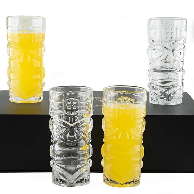 Clear Tiki Glasses, Set of 4 - 450 ML - Perfect for Exotic Cocktails, Lemonade, Ice Tea, Mixed Drinks- Exotic Zombie, Rum, Mai Tai, Pina Colada, Punch, Hurricane, Bar Drinkware | SC2020