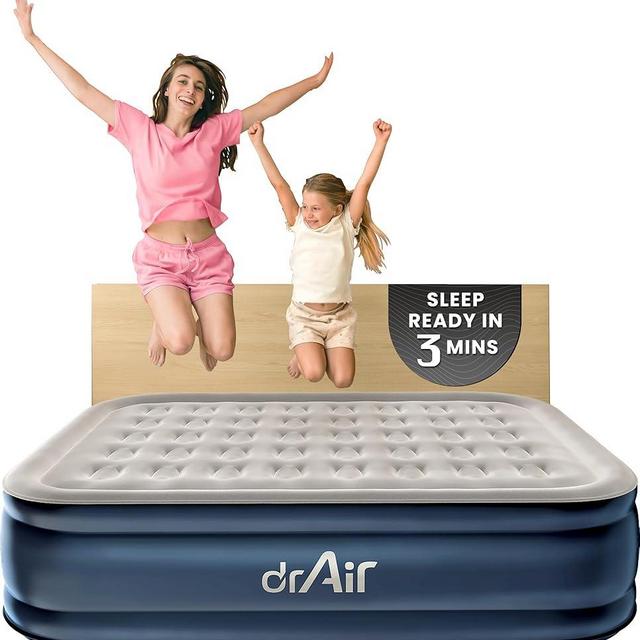 Dr. air Queen Air Mattress, 18” Raised Inflatable Bed with Built-in Pump, Waterproof Velvety Top, Ergonomic Design, Reinforced Support, and Carry Bag for Home, Camping, and Guests