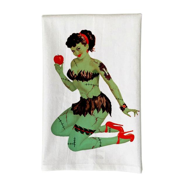 Love You a Latte Shop Pin Up Zombie with Apple Kitchen Towel in White