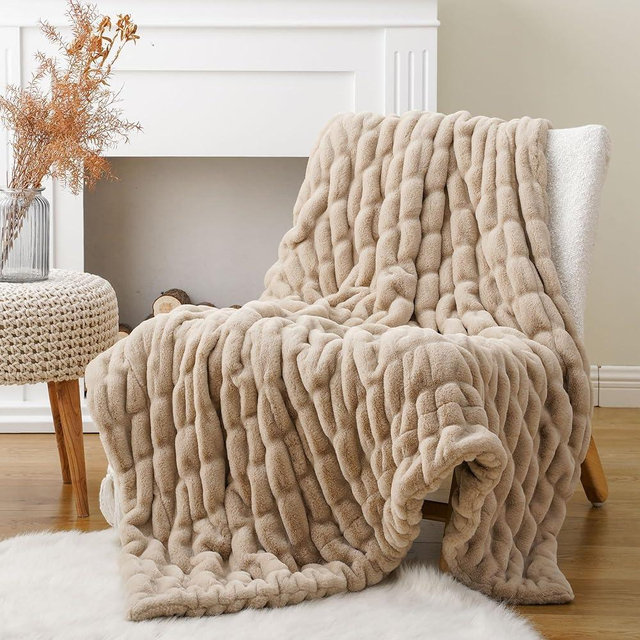 BATTILO HOME Beige Faux Fur Throw Blanket for Bed, Large Faux Fur Blanket Double Side Reversible Ruched Rabbit Fur Blanket for Couch, Bed, Cozy Soft Warm Mink Blanket, 60x80 Inches