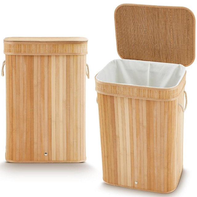 Kritkin 2 Pack Bamboo Slim Trash Can with Lid, 21 Gallon Large Rectangular Trash Bin, Foldable Slim Garbage Can Bamboo Waste Basket for Bathroom Bedroom Office Home Salon Spa
