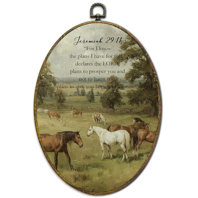 XFCICRLJ Christian Horse Wall Art Decor, Jeremiah 29:11 Bible Verse Oval Canvas Prints Framed, Rustic Religious Scripture Wall Art Decorations for Church Home Bedroom Living Room Decor, 11x8.5 Inch