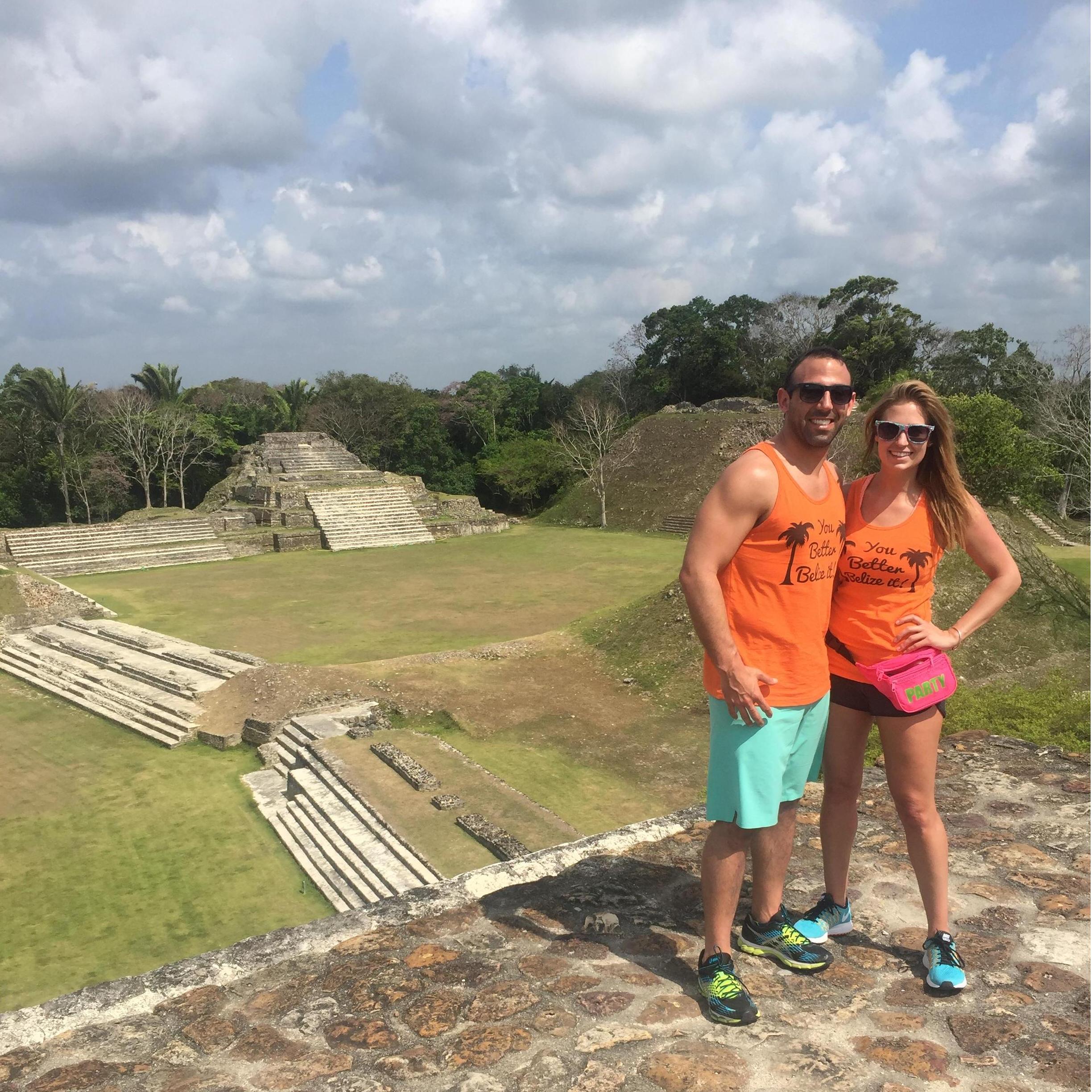 the top of Altun Ha, fanny pack and all