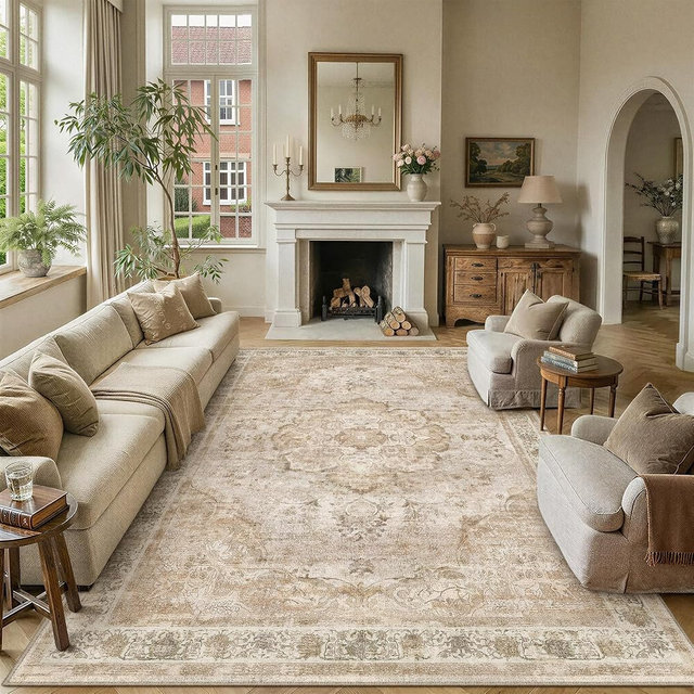 WondRg 8x10 Washable Area Rug Light Brown Living Room Carpet Vintage Low Pile Non Slip Stain Resistance Durable Traditional Rug for Bedroom Dining Room Office Home Decor