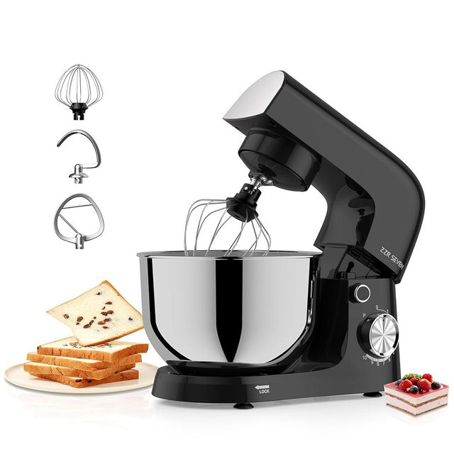 ZZR SEVEN Stand Mixer, 5.5 Quart, 10 Speed Tilt-Head Kitchen Mixer, Copper Motor, Household Food Mixer with Bowl, Flat Beater, Dough Hook, Egg Whisk (300W Black)