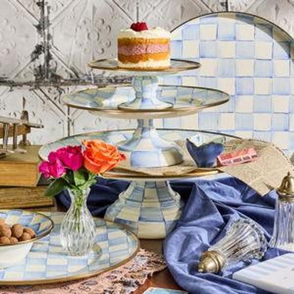 MACKENZIE-CHILDS Enamel Pedestal Platter, Round Cake Stand, Large, 16 Inches, Light-Blue-and-White Sky Check