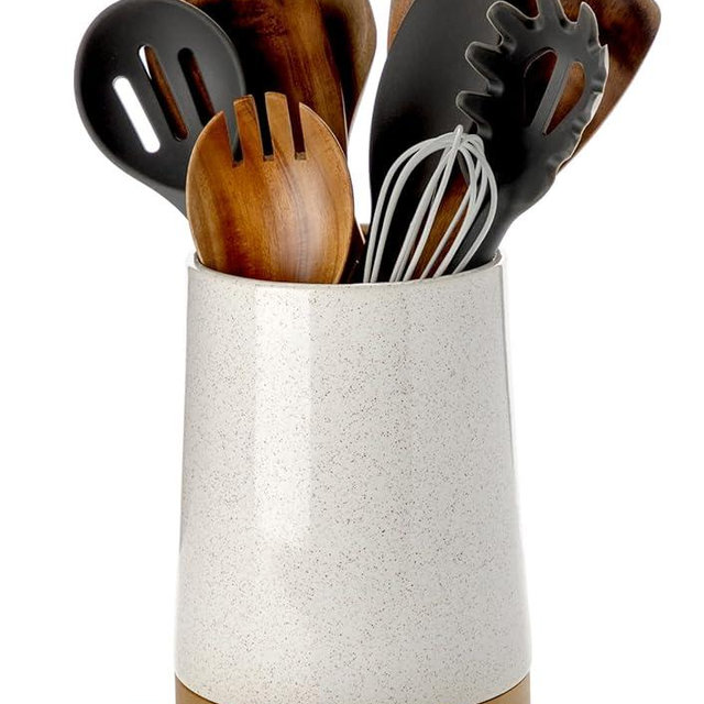 Nucookery 360° Rotating Utensils Holder, 8.2" Extra High Large Ceramic Kitchen Utensil Holder with Countertop-Protection Cork Bottom, Farmhouse Kitchen Decor for Counter (Sand)