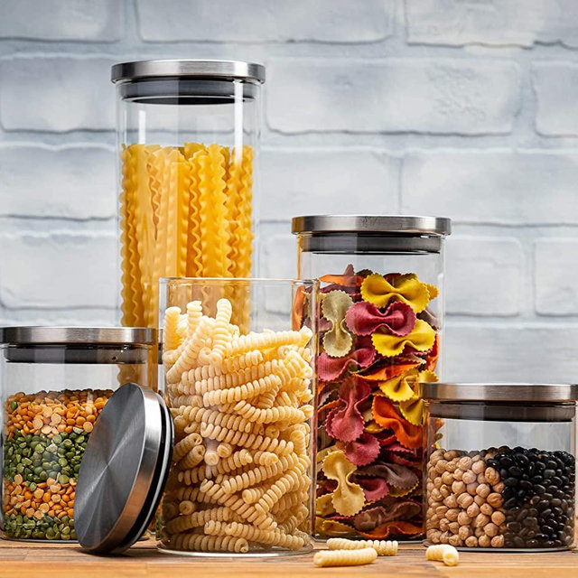 Set of 5 Glass Kitchen Canisters with Airtight Stainless-Steel Lid - Dishwasher Safe, Storage Jars for Kitchen, Bathroom & Pantry Organization, Ideal for Flour, Sugar, Coffee, Cookie Jar, Candy, Snack