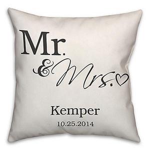 "Mr. and Mrs." Scripted Heart Square Throw Pillow in White