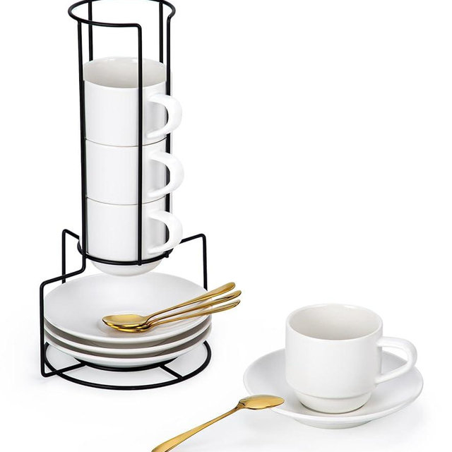 Lareina 8 Ounce Porcelain Cappuccino Cups Set of 4, Stackable Coffee Cups with Saucers, Spoons and Metal Stand -for Specialty Coffee Drinks, Cappuccino, Latte, Americano and Tea, White