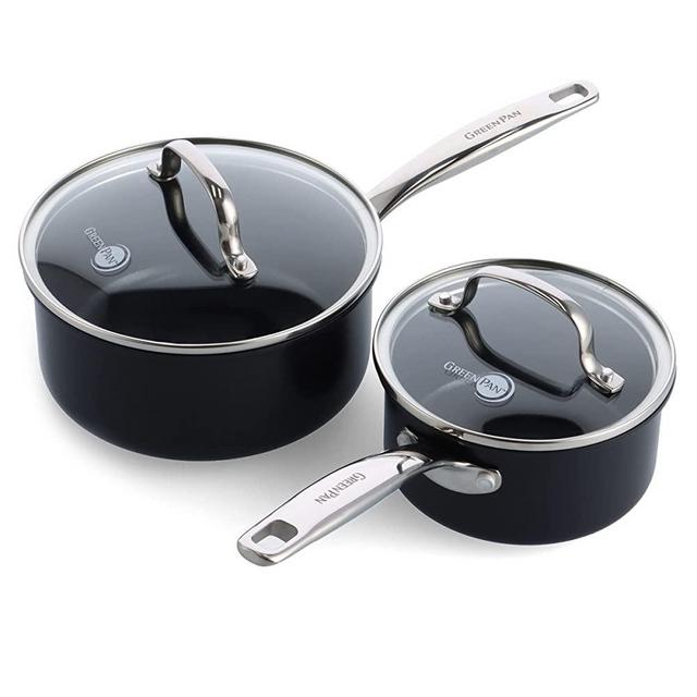 GreenPan Prime Midnight Hard Anodized Healthy Ceramic Nonstick, 1QT and 2QT Saucepan Pot Set with Lids, PFAS-Free, Dishwasher Safe, Oven Safe, Black