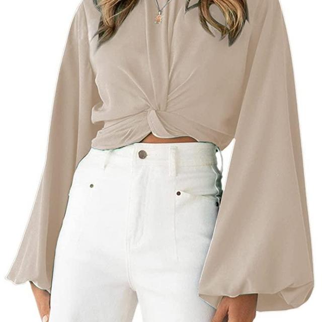 Avanova Women's Balloon Long Sleeve Twist Knot Crop Top Mock Neck Chiffon Blouse Shirts