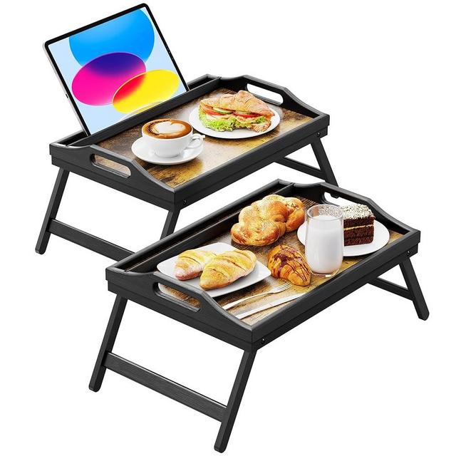 Bed Trays for Eating, 16.92 x 12.6 Inch Bed Table Tray with Folding Legs, Bamboo Breakfast in Bed Tray, Food Trays Fits for Adult Kids Eating Snack and Laptops TV by Easoger (2-Black 2 Pack)