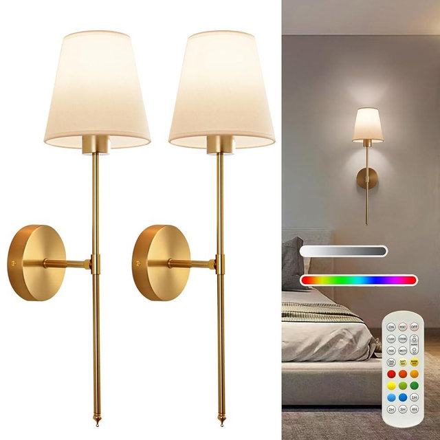 Cyaruy Battery Operated Wall Sconce Set of 2, Gold Rechargeable Wireless Wall Lights with Remote - 5000mAh Dimmable RGB Bulbs | 15 Color, Cordless Wall Lamps for Bedroom, Living Room, Hallway Decor