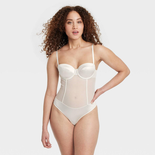 Women's Satin and Mesh Lightly Lined Lingerie Bodysuit - Auden™ Cream S: Nylon Spandex Knit, Back Hook Fastener