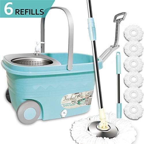 Spin Mop Floor Cleaning Supplies - Favbal Stainless Steel Spinning Mop and Bucket with Wringer Home Cleaning Kit for Hardwood Floors and Tiles