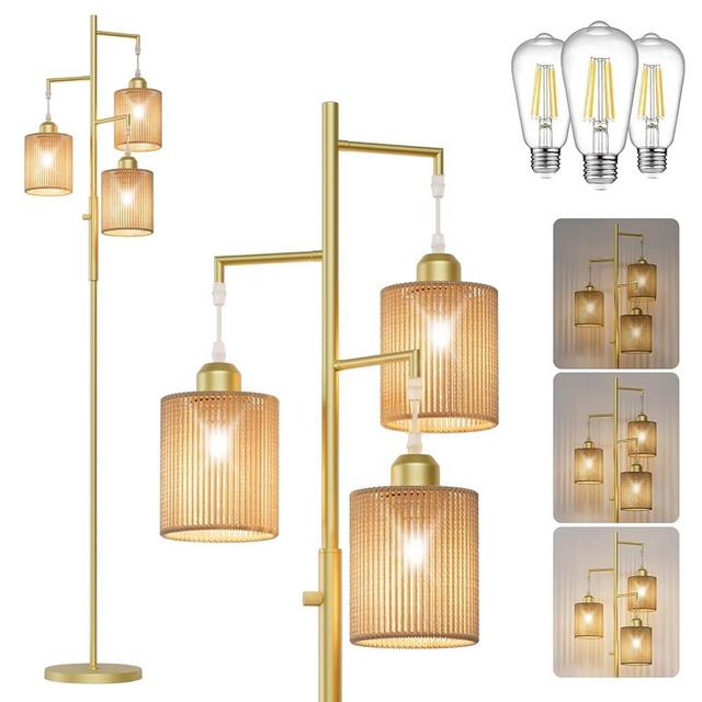 Hotsonic 72" Tall Boho Floor Lamp, Dimmable Standing Lamp with Handcrafted Rattan Brown Shade, Industrial Tree Floor Lamps for Living Room, Bedroom, Study Room, Office(3x800LM LED Bulbs Included)-Gold