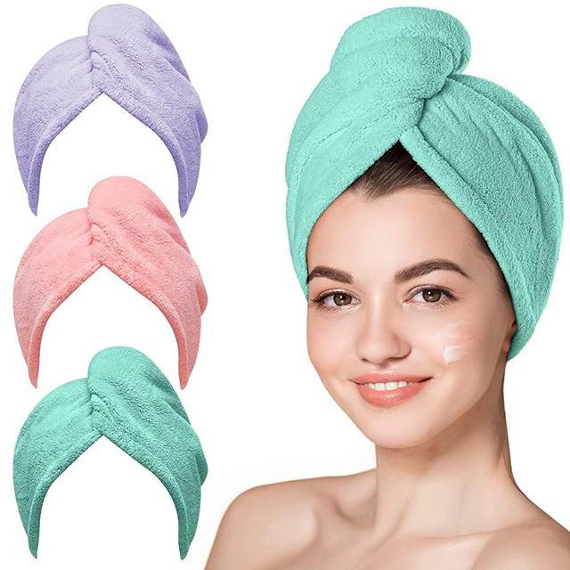 Microfiber Hair Towel,Hicober 3 Packs Hair Turbans for Wet Hair, Drying Hair Wrap Towels for Curly Hair Women Anti Frizz(Pink,Purple,Green)