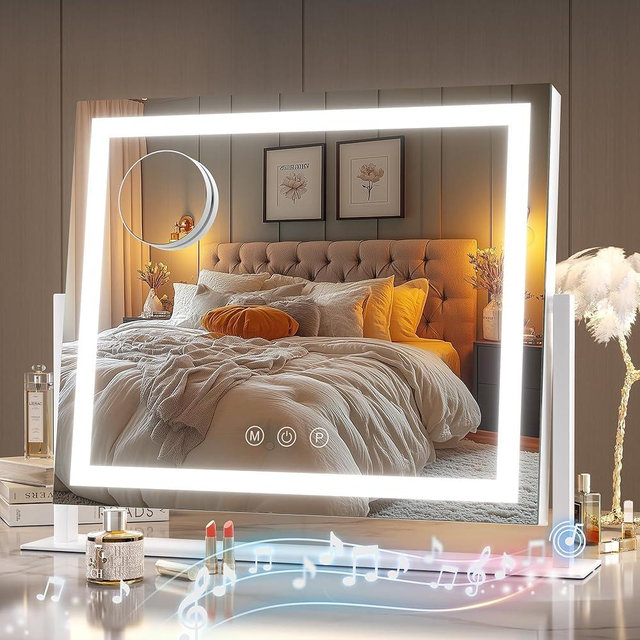 Hasipu Vanity Mirror with Lights and Bluetooth Speaker, 13.8" x 10.6" LED Makeup Mirror, Light up Mirror with 10X Magnification, Smart Touch 3 Colors Dimmable, Brightness Adjustment (White)