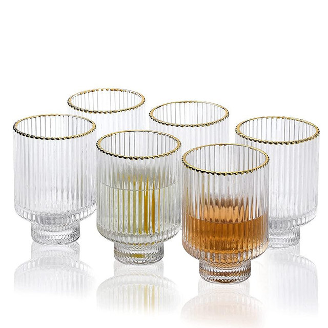 G Meridian Tumbler Glasses set of 6, 11.5 oz Clear with Gold Rim Durable Drinking Highball Cup for Water Soda Juice Milk Coke Beer Spirits Iced Beverage Vintage Style Home Office Desk Everyday Use