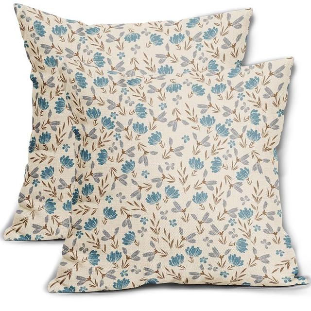Aytipun Brown Blue Grey Floral Pillow Covers 18x18 Set of 2 Vintage Rustic Old Style Cute Small Flower Print Decorative Outdoor Pillowcases Farmhouse Throw Cushion Case Decor for Couch Sofa Bed