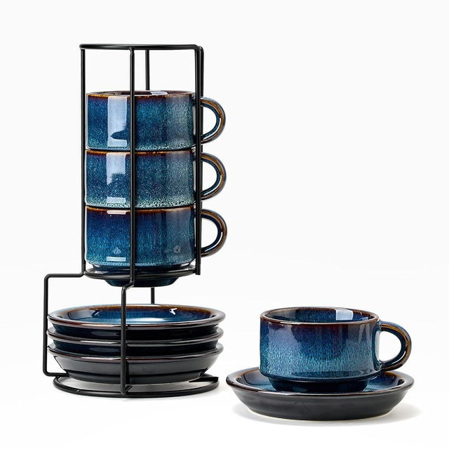 JIEMEI HOME Porcelain Stackable Cappuccino Cups with Saucers and Metal Stand, 7 Ounce Espresso Cups for Latte Coffee Cafe, Specialty Coffee Drinks, Cappuccino and Tea - Set of 4, Deep Blue