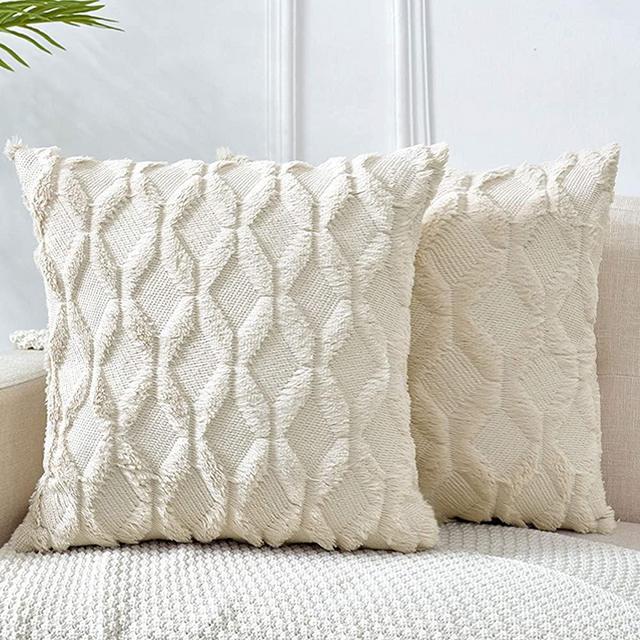 LHKIS Throw Pillow Covers 18x18, Beige Decorative Boho Pillow Case Cushion Cover with Velvet Luxury Soft Plush Short Wool for Couch Sofa Bedroom Car, Set of 2