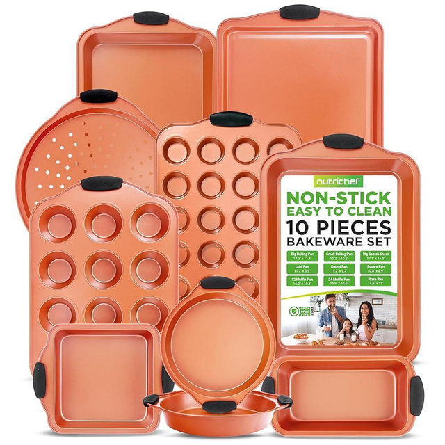 NutriChef 10-Piece Nonstick Baking Pan Set - Premium Carbon Steel Bakeware with Silicone Handles, Baking Pans, Pizza Pan, Square Pan, Loaf Pan, Cookie Sheet, Round Pan, 12/24 Cup Muffin Pan (Copper)