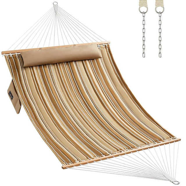 Double Quilted Fabric Hammock with Hardwood Spreader Bars and Pillow 450 LBS Capacity 2 Person Large Hammock for Outdoor Patio Backyard Poolside - Brown Stripe